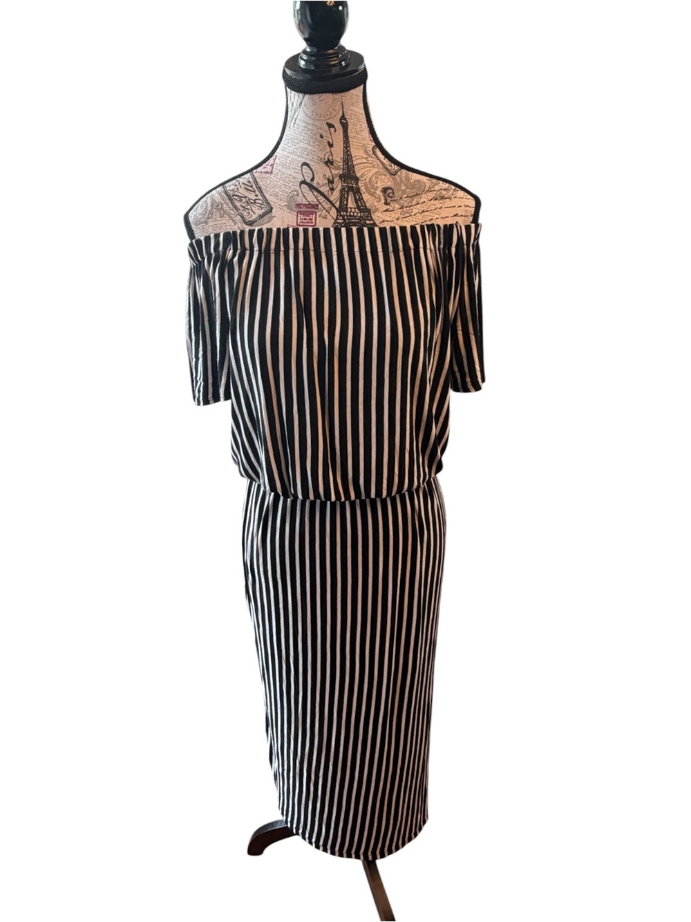 Off-Shoulder Black and White Stripe Maxi Dress